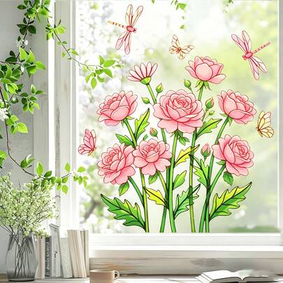 CHAILLY Pink Peony & Dragonfly Static Cling + Peeking Husky Window Stickers, Floral And Dog Decals For Home Decor