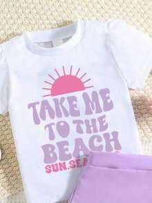 Toddler Letter Print Short Sleeve Top And Skirt Set - Purple - View 5