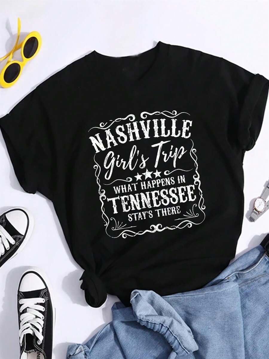 Women's Nashville Bachelorette Party T-Shirt - "What Happens In Nashville" Slim Fit Short Sleeve Top With Swirl & Star Graphics, Soft Stretch Crew Neck Tee For Bachelorette Getaways, Weekend Trips & Country Music Events - Summer Blouse - 黑色 - 查看 1
