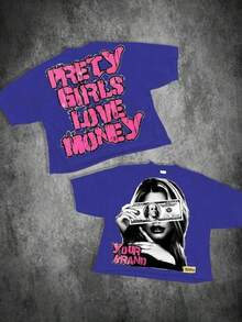 A 220-Gram Pure Cotton T-Shirt. On The Back, There Is "PRETTY GIRLS LOVE MONEY" In Pink, Distressed-Style Font. On The Front, There Is An Image Of A Woman Covering Her Eyes With A Dollar Bill. The Style Is Bold And Full Of Streetwear Vibes, Suitable For Daily Summer Wear.Summer Outfits For Women - 藍色 - 查看 1