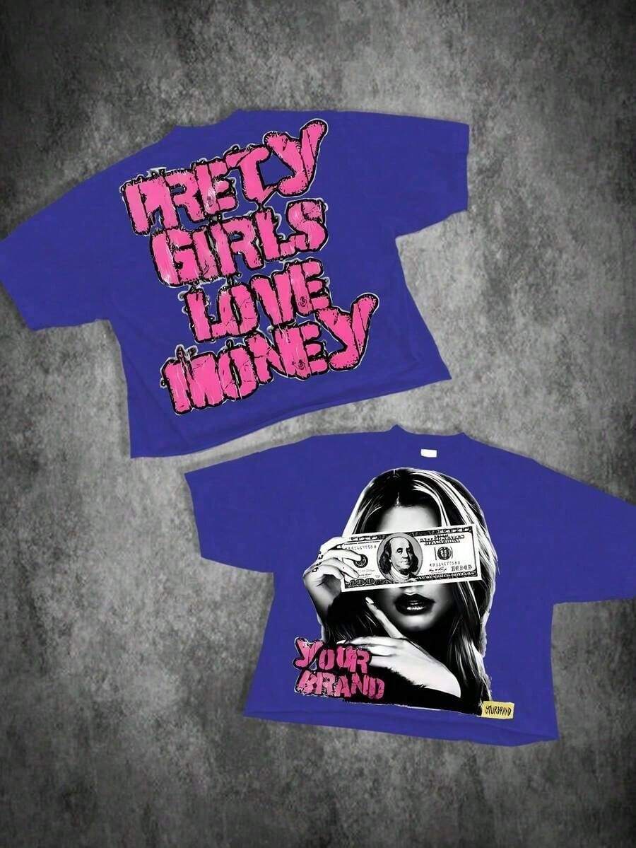 A 220-Gram Pure Cotton T-Shirt. On The Back, There Is "PRETTY GIRLS LOVE MONEY" In Pink, Distressed-Style Font. On The Front, There Is An Image Of A Woman Covering Her Eyes With A Dollar Bill. The Style Is Bold And Full Of Streetwear Vibes, Suitable For Daily Summer Wear.Summer Outfits For Women - 藍色 - 查看 1