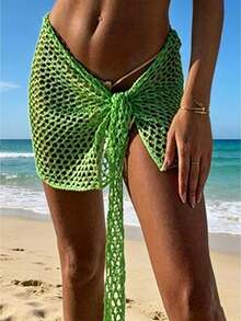 Women Beach Skirt, Cover-Up Skirt Hollowed Solid Summer Mini Knitted Skirt For Vacation SeasideCoachela Festival Swimsuits For Woman, Bathing Suits For Women, Trajes De Baño Mujer - 綠色 - 查看 1