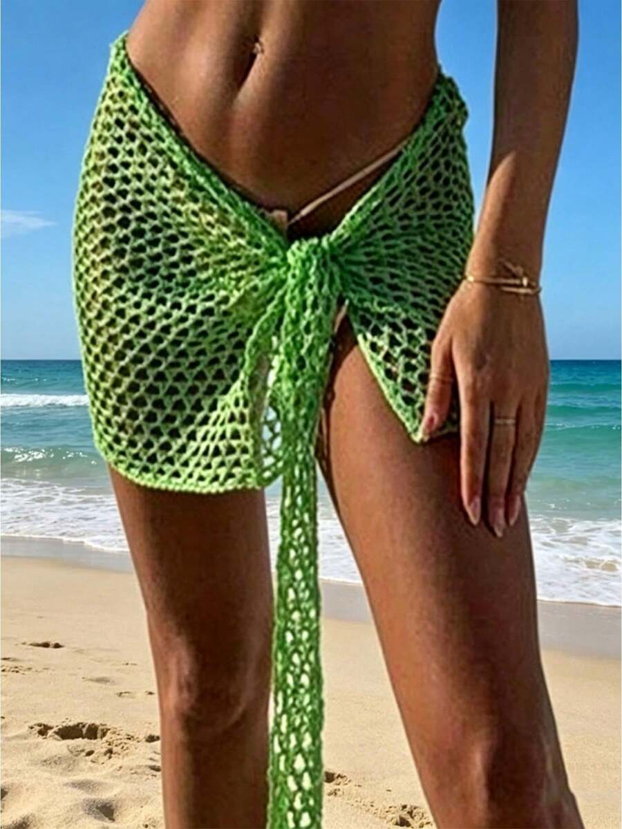Women Beach Skirt, Cover-Up Skirt Hollowed Solid Summer Mini Knitted Skirt For Vacation SeasideCoachela Festival Swimsuits For Woman, Bathing Suits For Women, Trajes De Baño Mujer - 綠色 - 查看 1