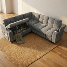 PERLECARE 85'' - 110" Sectional Sleeper Sofa With Pull Out Bed, 7 Seat Modular Sectional Sofa With Storage,  Cup Holders, Sectional Couches For Living Room, Modern Chenille Cloud Couch, Dark Gray - 淺灰色 - 查看 11