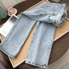 Pantalones vaqueros retro para mujer, versátiles y que estilizan la figura, de corte ancho, holgados, rectos, de cintura alta, con aberturas en los bajos, largos hasta el suelo y de tejido ligero - Celeste - Ver 2