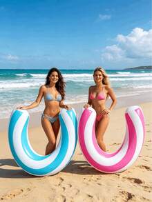 1pc Minimalist Striped U-Shaped Inflatable Floating Bed, Made Of PVC Material, Available In Blue Or Pink Stripes, Floating Pool Raft Suitable For Summer Vacation, Pool Parties, Air Pump Sold Separately - Multiple Styles - View 6