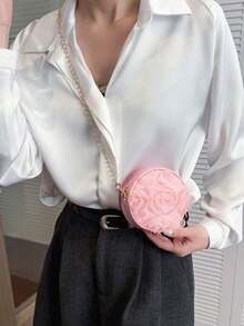 Bolso de mano redondo con flores de encaje 3D de moda, bolso cruzado de hombro con cadena multiusos y único - Rosa - Ver 6