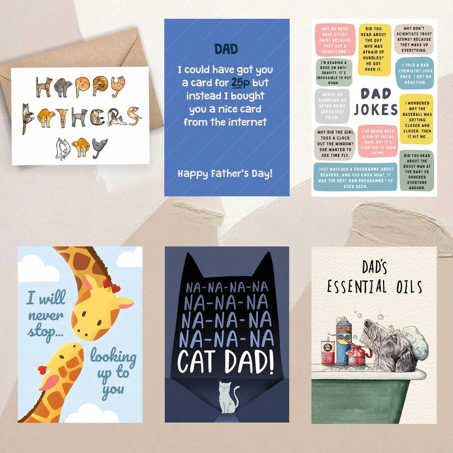 Funny Father's Day Greeting Cards With Envelopes, 1pc Or 6pcs/Set Humorous Dad Jokes & Punny Cards, Cat Dad, Giraffe Designs, Creative Birthday Card For Dad/Husband - View 1