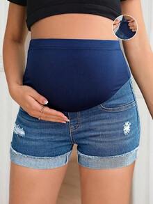 Maternidad Shorts en mezclilla de cintura ajustable desgarro bajo de doblez - Azul lavado medio - Ver 8