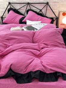 Bộ 3 món ga trải giường và vỏ gối bằng sợi microfiber mềm mại (1 ga trải giường + 2 vỏ gối), viền xếp ly, phù hợp cho phòng ngủ và phòng khách, sử dụng được cả bốn mùa, có thể giặt máy. - Màu Hồng Tươi - Xem 8