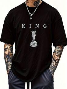 Camiseta Casual de Manga Corta y Cuello Redondo para Hombre con Estampado de Rey de Ajedrez Negro - Negro - Ver 6