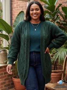 Women's Knitted Cardigan, Long Sleeve, Open Back, Textured Knit Detail, Winter Fashion - Green - View 1