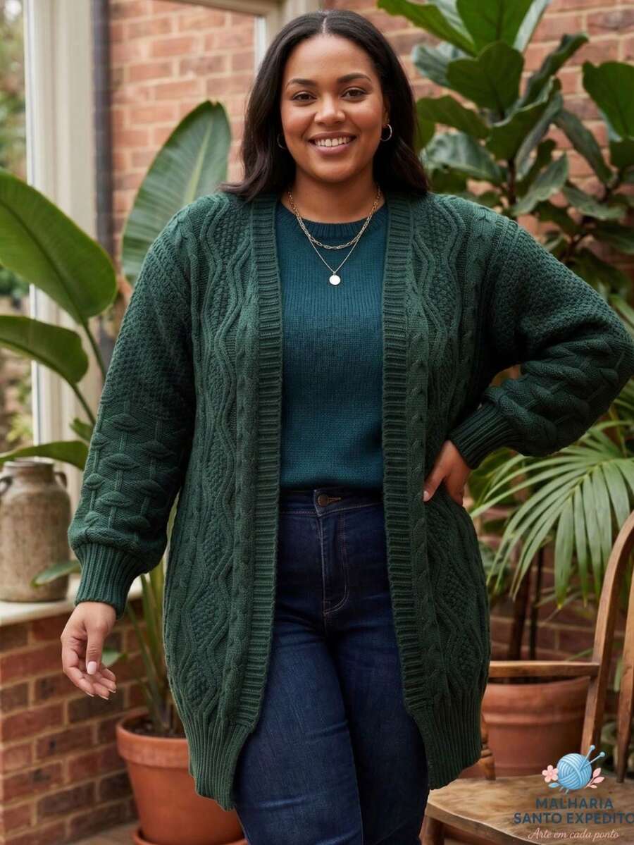 Women's Knitted Cardigan, Long Sleeve, Open Back, Textured Knit Detail, Winter Fashion - Green - View 1