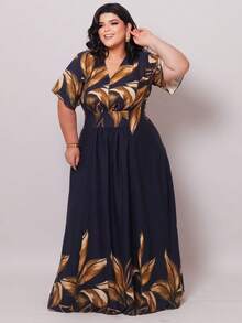 Women's Plus Size Long Dress With Leaf Print, V-Neck, Front Gathering, Short Sleeves, Elastic Back, Viscose Linen Twill Fabric, Elegant. - 海軍藍條紋 - 查看 1