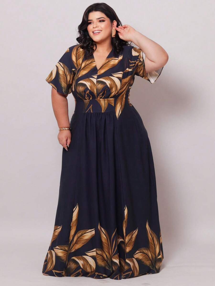 Women's Plus Size Long Dress With Leaf Print, V-Neck, Front Gathering, Short Sleeves, Elastic Back, Viscose Linen Twill Fabric, Elegant. - 海軍藍條紋 - 查看 1