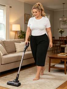 3-Pack Women's Plus Size Capri Pants, Wide Leg Loose Casual Drawstring Capri Sweatpants, Soft Stretchy Comfortable Summer Lounge Pants, Relaxed Fit Elastic Waist Capri Trousers With Side Pockets, Lightweight Daily Wear Casual Sweatpants For Ladies - 黑+藍+卡其 - 查看 3