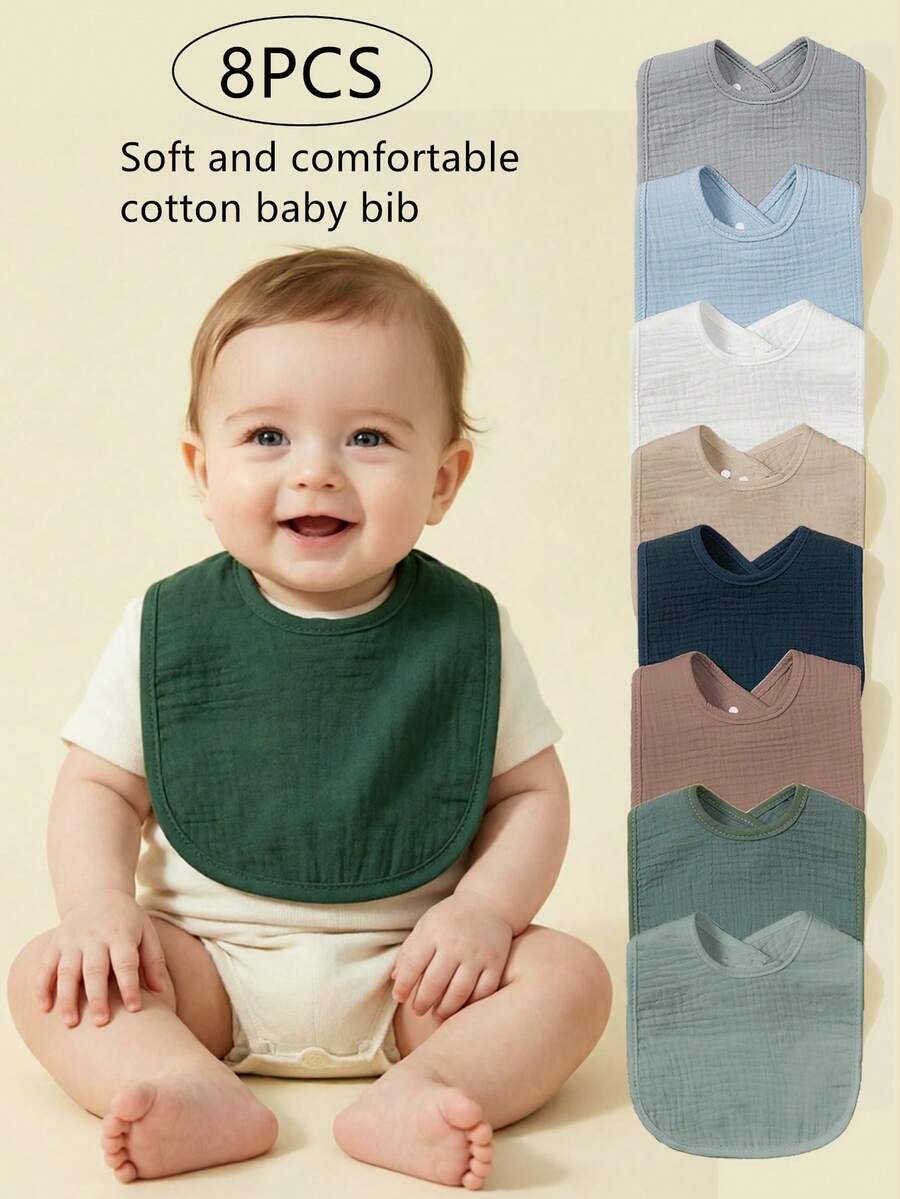 8pcs Baby Bibs, 100% Soft Cotton Muslin Material, Drool Bibs With Adjustable Snap Closure, Essential For Newborns, Boys And Girls - Multicolor - View 1