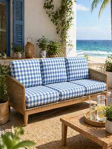 1pc Outdoor Summer Printed Sofa Cushion Cover, Fresh Blue Plaid Pattern, All-Season Minimalist High Elasticity Dust-Proof Removable & Washable Sofa Slipcover For Living Room & Bedroom - Multicolor - View 2