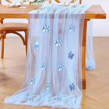 1 pieza Camino de mesa de encaje y perlas romántico, decoración de arco de boda, tela de regalo para despedida de soltera, mantel de encaje y perlas elegante, adecuado para eventos, bordado transparente resistente a las arrugas para mesa de postres - Flor de perla azul cielo - Ver 7