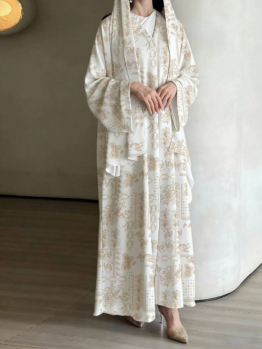 女士时尚中东穆斯林印花休闲长袍外套,适合春夏穿着,优雅长袍,适合日常休闲、旅行、度假、休闲度假或派对场合。 - 卡其色 - 查看 1