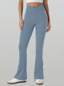 Pantalones ajustados acampanados para mujer, color negro sólido, talle alto con diseño cruzado, efecto levantador de glúteos, tejido elástico y transpirable, ideal para yoga, gimnasio, entrenamiento, actividades deportivas y uso diario en primavera-verano - Gris Oscuro - Ver 9