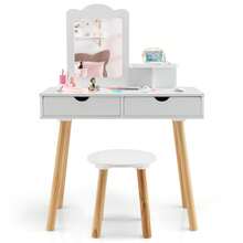 COSTWAY Kids Vanity Set, Pretend Play Makeup Dressing Table & Stool Set With Rectangular Mirror & Drawers, 2-In-1 Detachable Design With Dressing Table & Writing Desk, White - White - View 6