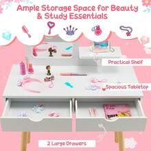 COSTWAY Kids Vanity Set, Pretend Play Makeup Dressing Table & Stool Set With Rectangular Mirror & Drawers, 2-In-1 Detachable Design With Dressing Table & Writing Desk, White - White - View 8