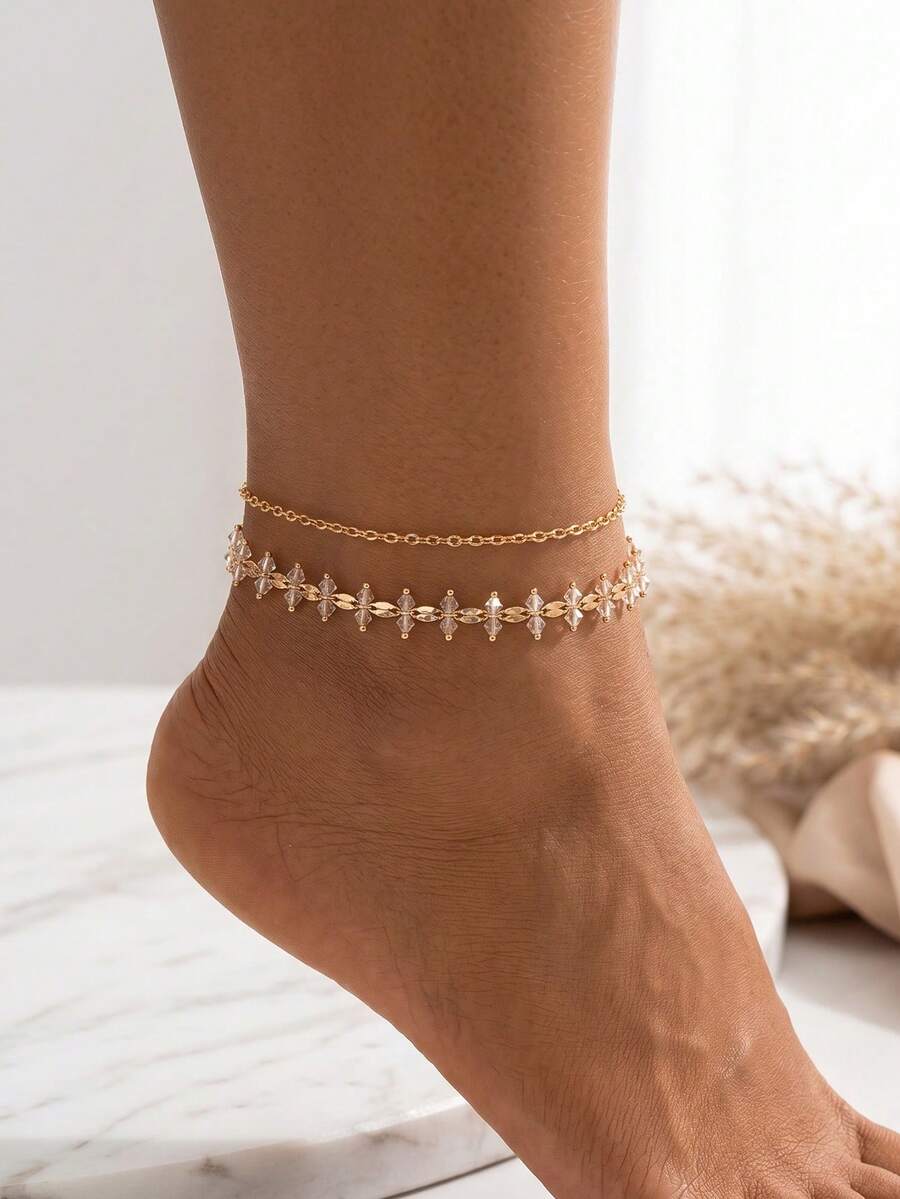2pcs/Set Elegant Charm Handmade Chain With Crystal Decor Anklet, Versatile Gold-Tone Foot Jewelry Suitable For Daily Wear, Beach, Date, Party. Handmade Chain Length And Bead Quantity Are Adjustable - Multicolor - View 1