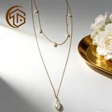 Zhenwei xina 1 Dây chuyền ngọc trai nước ngọt đôi bằng bạc 925 - Dây mạ vàng 18k, thiết kế ngọc trai hình giọt nước và tròn, trang sức thanh lịch dành cho nữ, thích hợp cho đám cưới. - Vàng - Xem 5