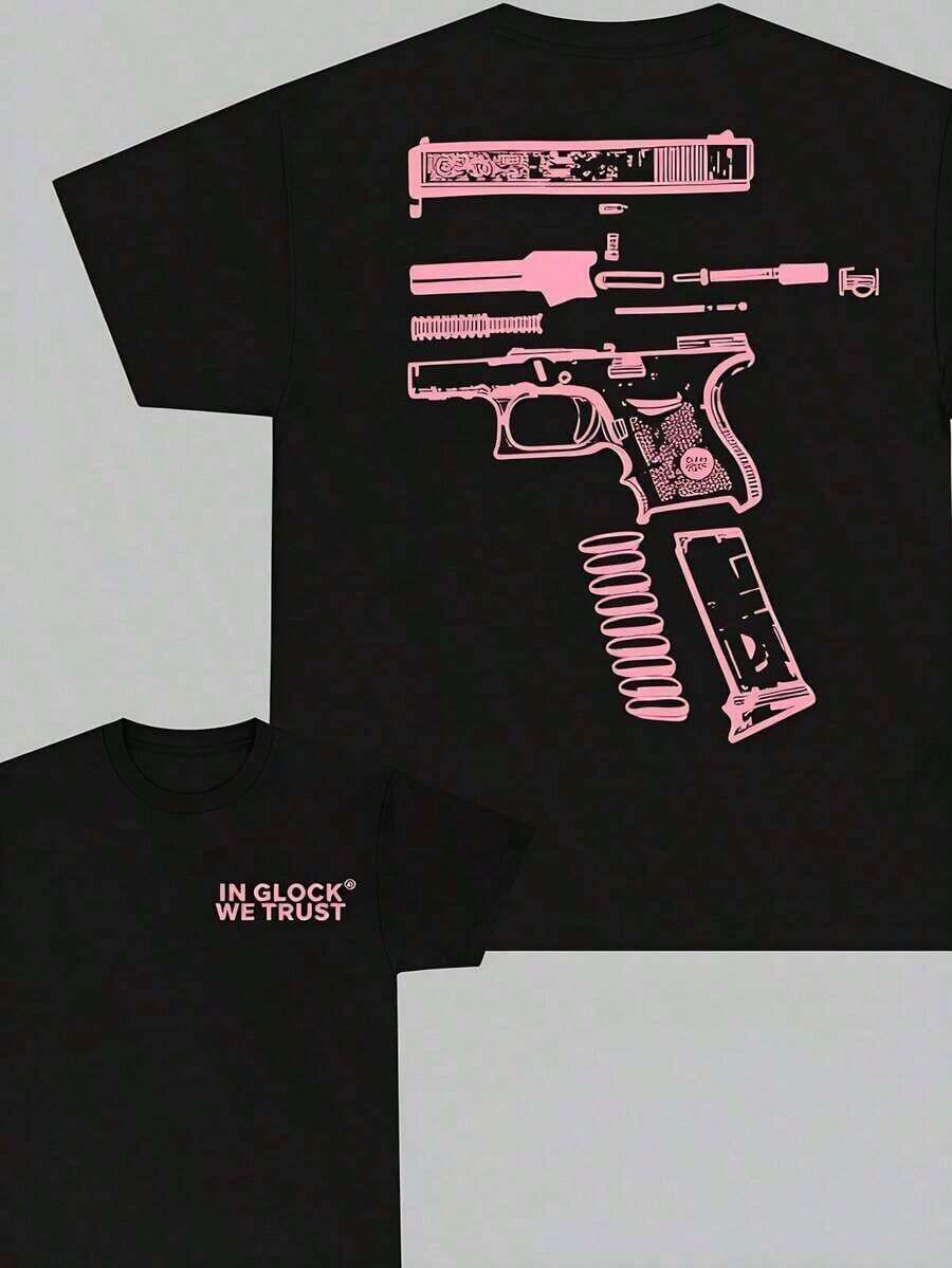 Casual Cotton T-Shirt With "We Trust" Graphic Print, Double-Sided Print, Light Pink, Unisex, Men's Gift, Men's Casual Cotton T-Shirt. Y2K, Men's Summer T-Shirt, Plus Sizes, S To 5XL, 100% Cotton, Durable - 黑色 - 查看 1