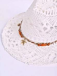 1 pieza Sombrero de paja Panamá estilo bohemio de unicolor con estrella adornada y diseño calado, sombrero de sol decorativo con protección UV casual, versátil y a la moda, adecuado para actividades al aire libre, todas las estaciones - A - Ver 4