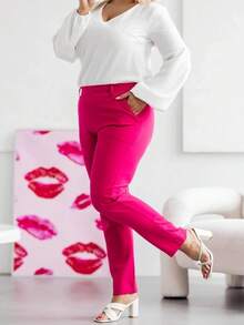 Pantalon élégant grande taille pour femme, coupe droite, taille élastiquée, taille mi-haute, 2 poches, jambes longues, style décontracté, printemps/été - Rose vif - Voir 2