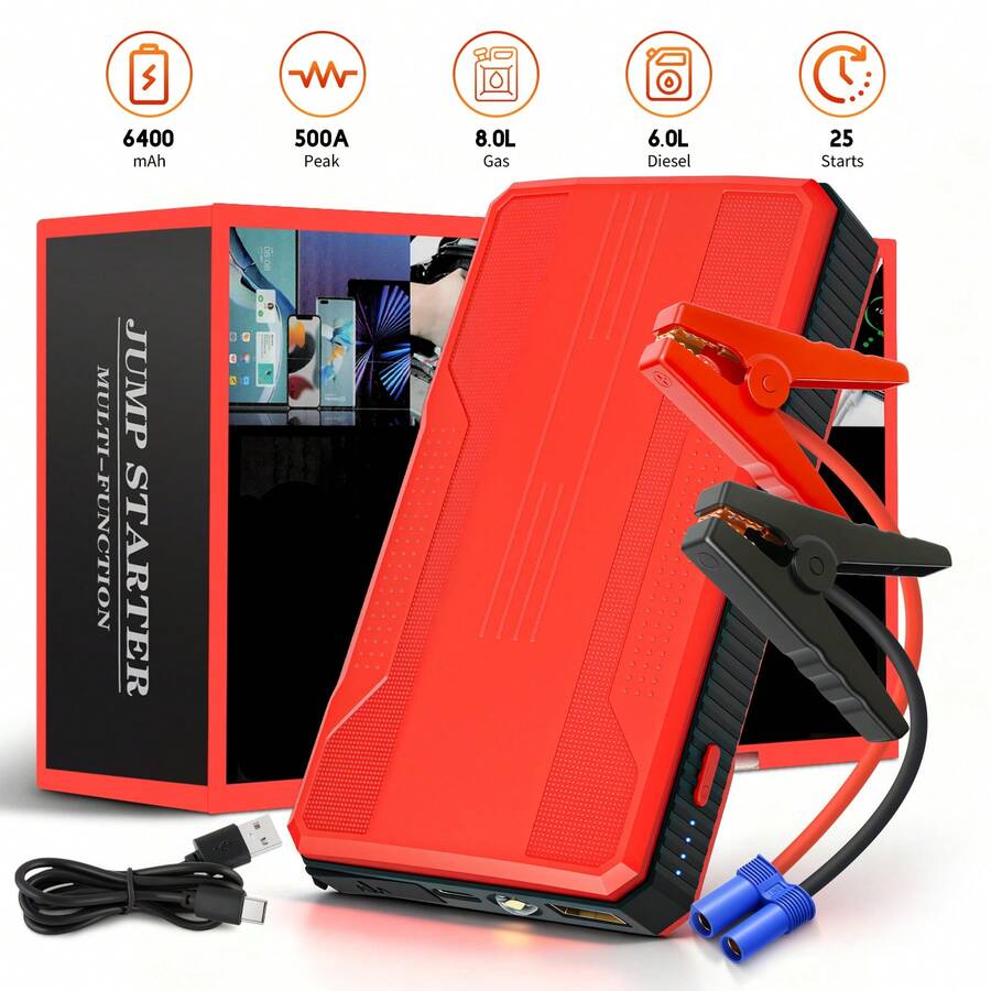 Portable 800A Peak Car Jump Starter, 12V Emergency Battery Booster W/ 6400mAh Power Bank Function, LED Flashlight/Strobe/SOS Light, USB & Type-C Charging Ports, Intelligent Protection Against Reverse Polarity/Short Circuit, Anti-Misoperation - Standard Cable Clip - Red - View 1