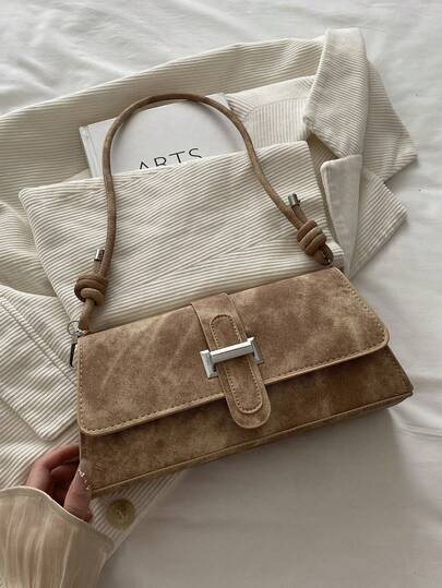 Vintage Distressed Matte Underarm Bag, Metal Clasp Baguette Bag, Versatile Commuter Shoulder Tote