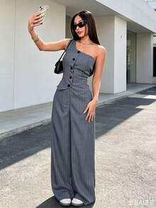 Elegant Women's Two-Piece Set Featuring Pinstripes, An Asymmetrical Neckline, A Sleeveless Tank Top, And Wide-Leg Trousers. Made From A Linen Blend, Perfect For Autumn. - 灰色 - View 7