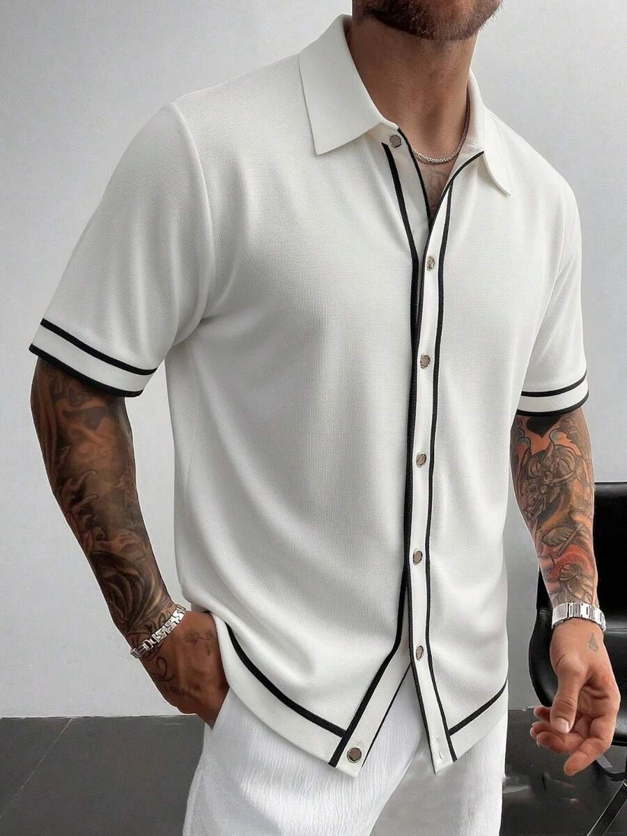 1 pieza Camisa de manga corta con cuello polo de punto con ribete de contraste, estilo retro para hombre, Cárdigan de punto con botones para el verano - Blanco - Ver 1