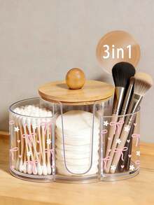 1 pièce Boîte de rangement en plastique transparent avec couvercle en bambou motif nœud rose, 3 en 1. Avec 3 trous ronds, boîte de rangement de cosmétiques de bureau. Avec 3 compartiments, boîte de rangement pour maquillage transparente - Boîte de rangement de coiffeuse moderne avec couvercle, organisateur de vanité de salle de bain, convient pour les pinceaux de maquillage, les rouges à lèvres, les outils de maquillage, le sac de rangement de cosmétiques, la boîte de rangement de cosmétiques, les accessoires de vanité, le sac de cosmétiques, le coffret à bijoux, le porte-pinceau de maquillage, la boîte de rangement de parfum, cadeau pour femme, cadeau pour dame - Multicolore - Voir 1