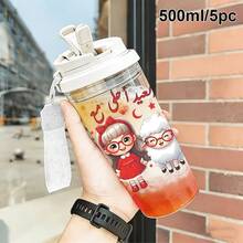 1/5 Pcs 500ml Eid Al-Adha Cute Girl & Sheep Themed Portable Travel Cup - Clear Coffee Cup, Leak-Proof Water Bottle With Straw And Lanyard, Lightweight And Durable, Perfect For Travel, School, Office And Eid Celebrations - A Festive & Cheerful Gift For Women, Students, Muslim Families And Eid Lovers. - Multicolor - Little Girl and Sheep - View 8