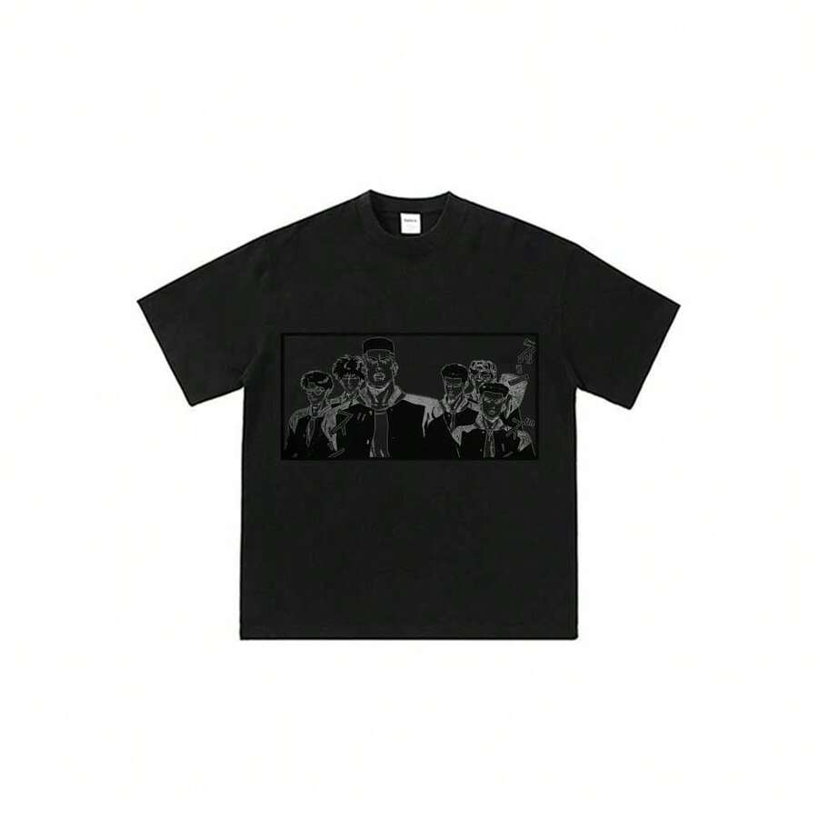 Slams-Dunks Shohoku-High-School-Basketball-Team-Group-(2) Unisex Fun Anime Cartoon Graphic Tee Summer Casual Crew Neck T-Shirt - 黑色 - 查看 1