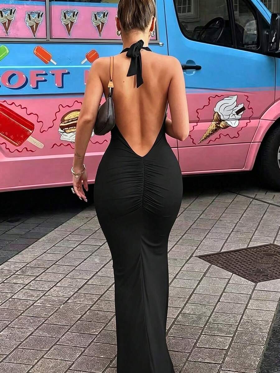 Women's Solid Color Ruffle V-Neck Backless Maxi Dress, Knit Stretchy Minimalist Elegant European And American Style Sleeveless Long Dress, Suitable For Vacation, Casual And Daily Wear, Summer Black Party - Black - View 1