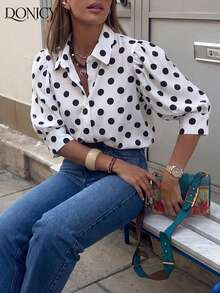 DONICY Women's Solid Color Collared Mid-Sleeve Blouse With Puff Sleeves Design, Loose Fit Retro Style Casual Shirt For Spring, Summer, Autumn, Suitable For Daily Wear, Dates, Business, Office, And Leisure - Black and White - View 2