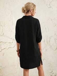 MEXFaunlyn Vestido de camisa de botones delanteros con mangas enrolladas a rayas para mujer para vacaciones y ocioMEX OOGO - Negro - Ver 2