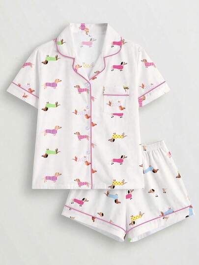 2 piezas Conjunto de pijama casual de mujer con estampado lindo de perro salchicha, top de cárdigan de manga corta con cuello y pantalones cortos de cintura elástica, ropa de dormir para fiesta de vacaciones, ropa de estar en casa para mujeres en todas las temporadas