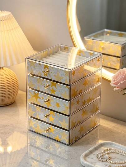 Hộp đựng trang sức bằng acrylic in 5 lớp, hộp đựng trang sức dung tích lớn, hộp trưng bày trang sức kiểu ngăn kéo với nhiều ngăn để đựng bông tai, nhẫn, dây chuyền. Thích hợp sử dụng tại nhà và khi đi du lịch, thiết kế ngăn kéo có đệm mềm chống phai màu, lý tưởng để đựng bông tai, nhẫn, vòng tay, dây chuyền, là giải pháp sắp xếp trang sức hiệu quả.