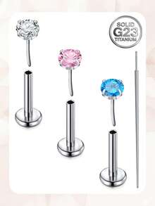 4件套唇钉套装 – G23钛钢16G，红/蓝/白唇钉+1个插入锥，低过敏性平底，适合女性、女孩、初学者、日常、派对、海滩、游泳等场合。 - 銀色 - 查看 3