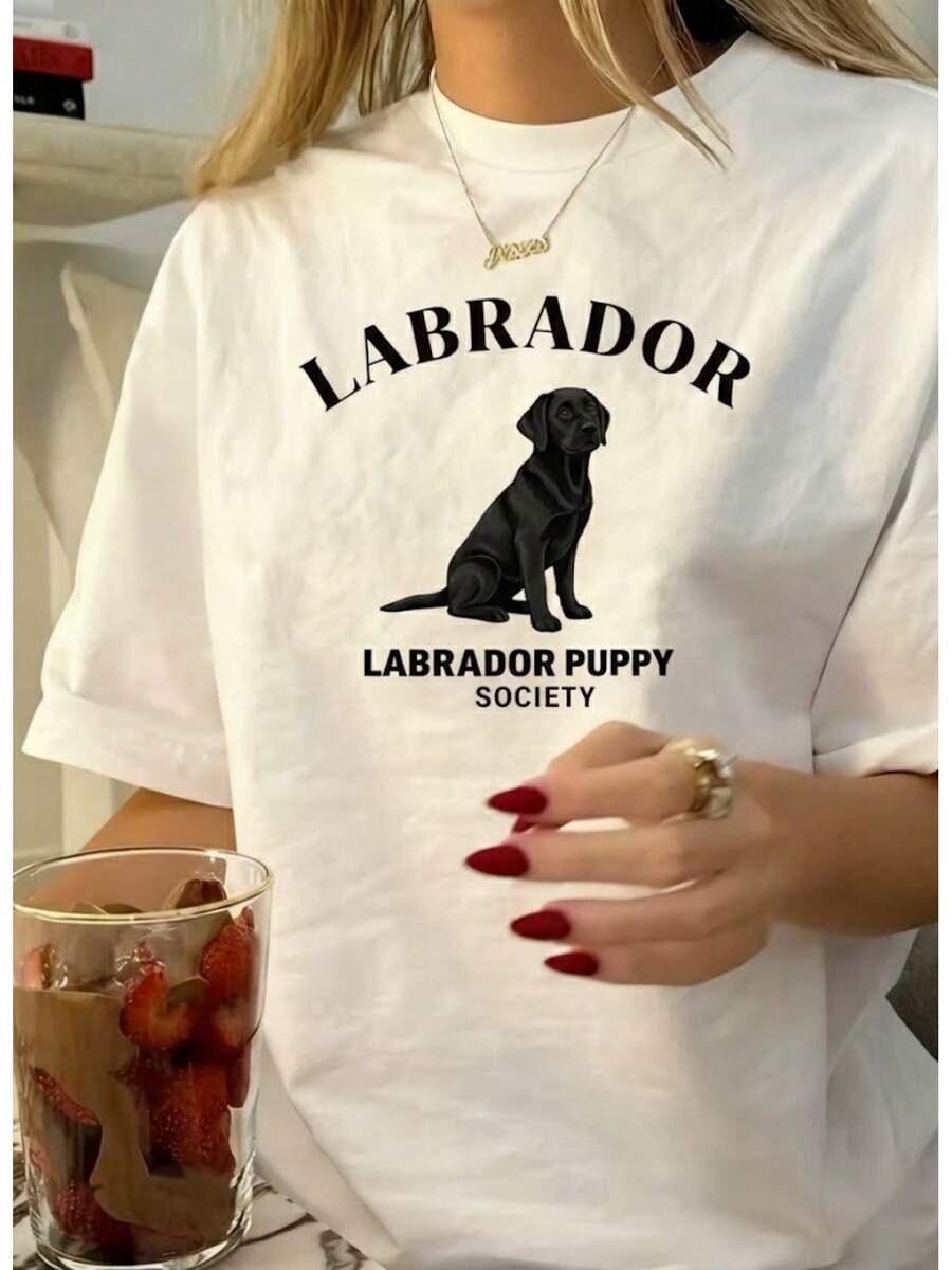 1pc Women's Winter Clothes, Labrador Puppy Print Casual T-Shirt For Pet Lovers, Short Crew Neck, Casual And Fashionable Top, Elegant Party Outfit, Christmas Clothes, Christmas Gift, Autumn Clothes, Soft Material, Printed Shirt - 白色 - 查看 1