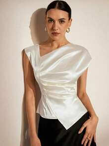 缎面斜纹绸优雅浪漫女士上衣，隐藏式双层缎面斜领女士派对礼服吊带背心婚礼 - 白色 - 查看 5