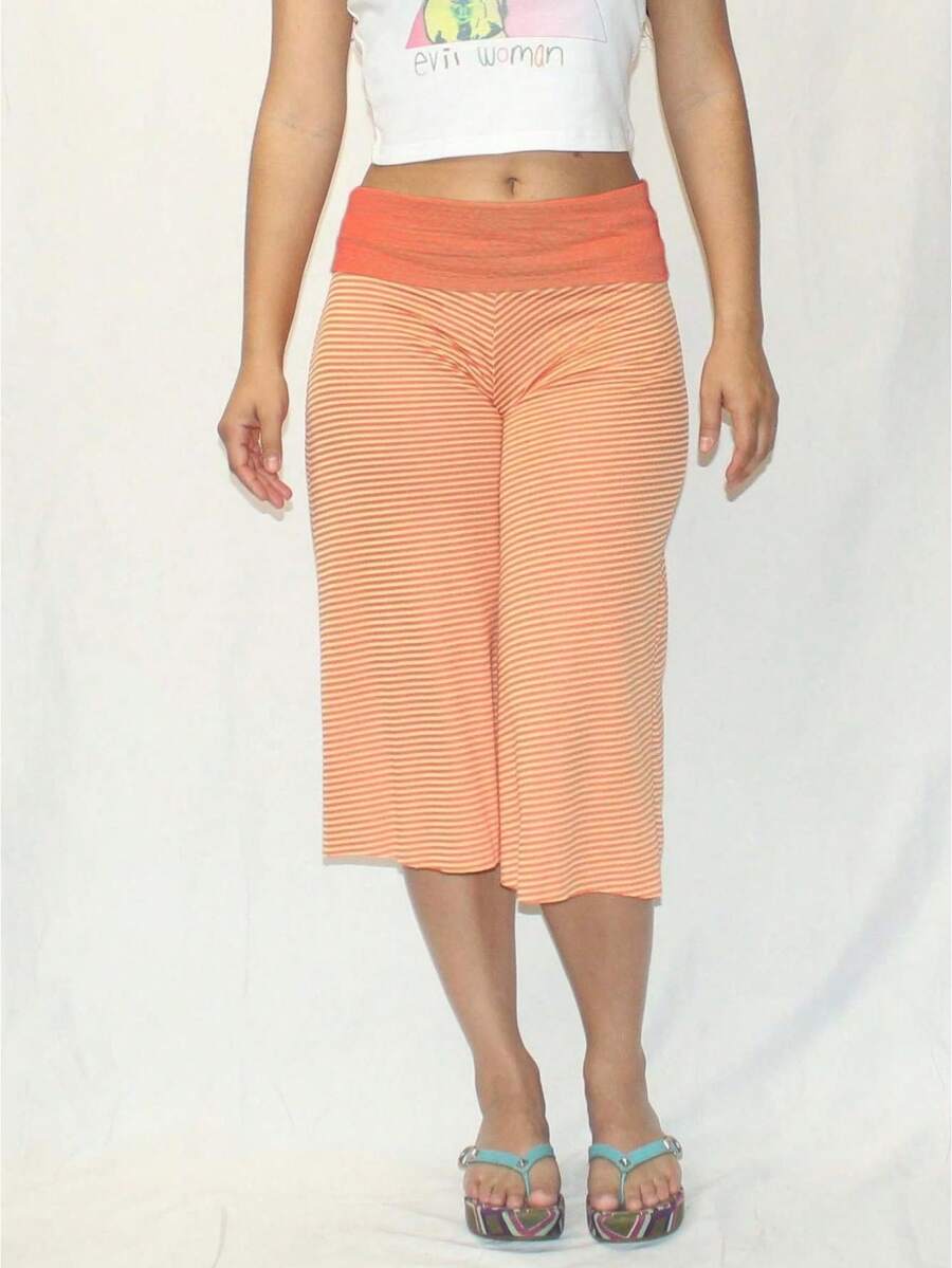 Women's Striped Fold-Over Waist Capri Pants, High-Waisted Wide Leg Knit Trousers, Y2K Retro Casual Chic Minimalist Everyday Brunch Beach Vacation Summer Errands Loungewear For Ladies - 橘色 - 查看 1