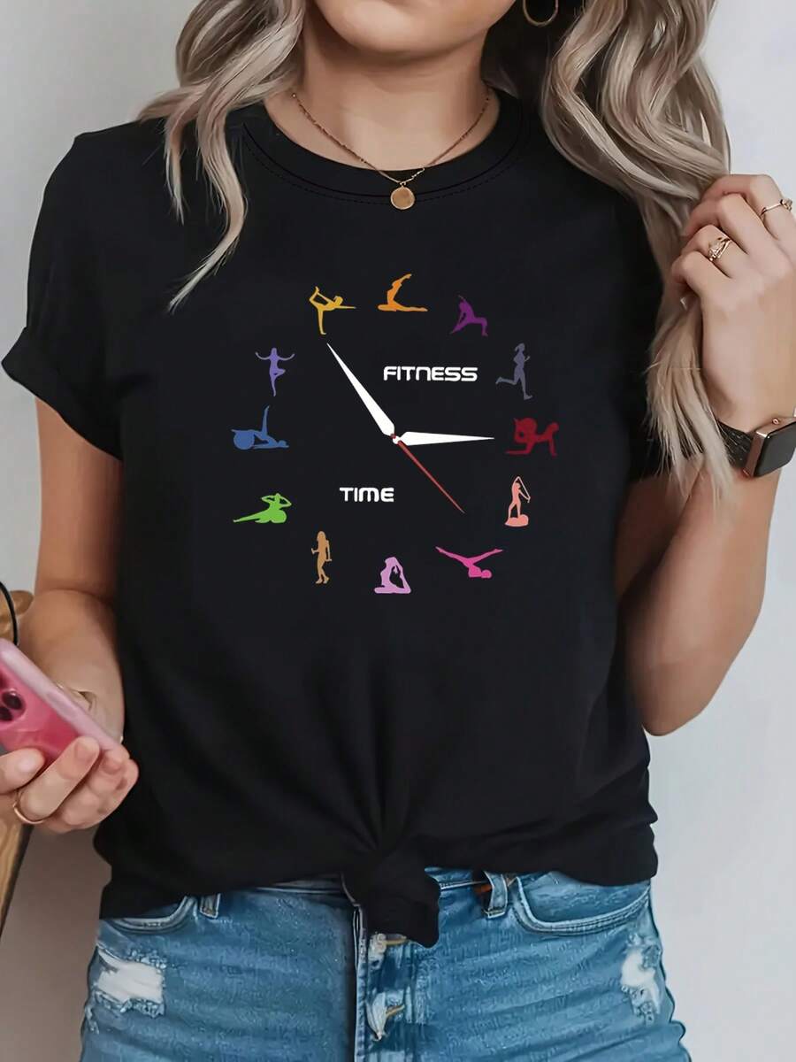 Camiseta con impresión gráfica de tiempo | Top de manga corta con cuello de tripulación casual para la mujer para primavera/verano, patrón geométrico, versátil para uso diario y ocasiones festivas