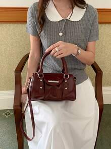 2026 New Vintage Lacquered Leather Boston Bag, Versatile Sweet Style Handbag, High-Quality Commuter Shoulder Bag - Burgundy - View 2